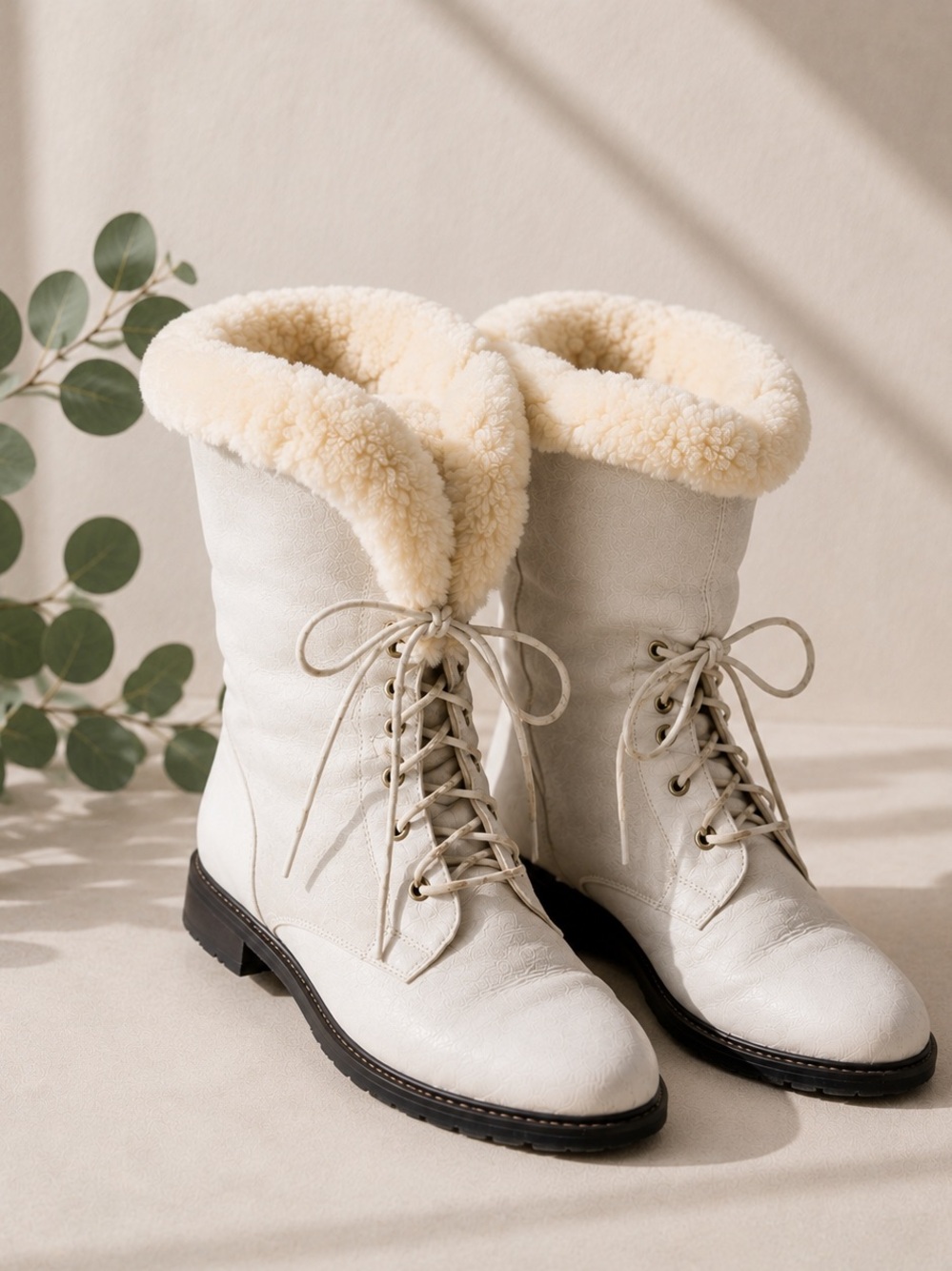 Made in Italy White Leather Suede Shearling Lace Up Boots